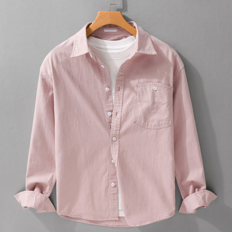 Buddha Stones無地ボタンダウン 装飾ポケット付き メンズ スタンドカラー 長袖 コットンシャツ - ピンク - US/UK/AU42、 EU52 (3XL) - image 0