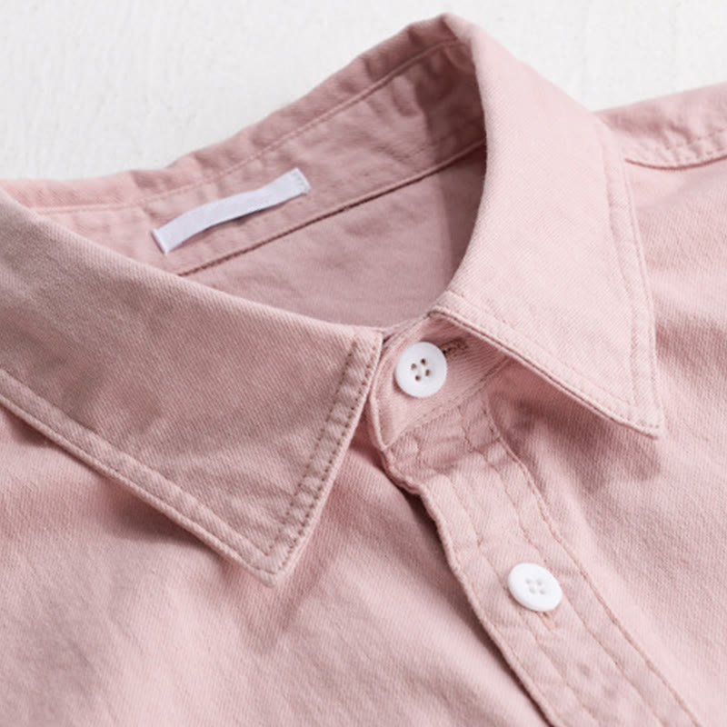 Buddha Stones無地ボタンダウン 装飾ポケット付き メンズ スタンドカラー 長袖 コットンシャツ - image 3