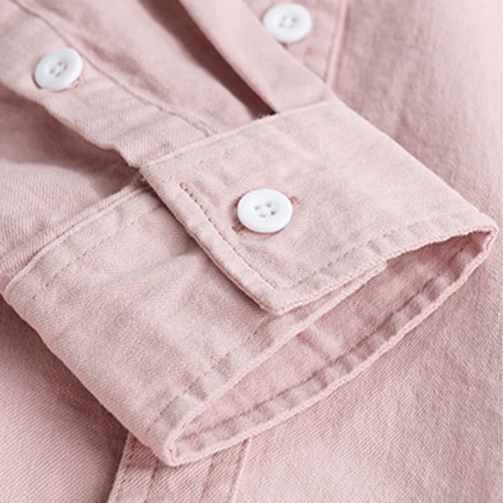 Buddha Stones無地ボタンダウン 装飾ポケット付き メンズ スタンドカラー 長袖 コットンシャツ - image 7