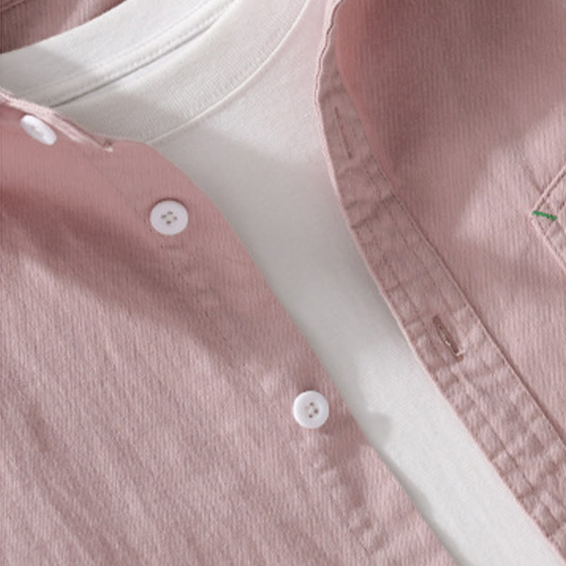 Buddha Stones無地ボタンダウン 装飾ポケット付き メンズ スタンドカラー 長袖 コットンシャツ - image 4