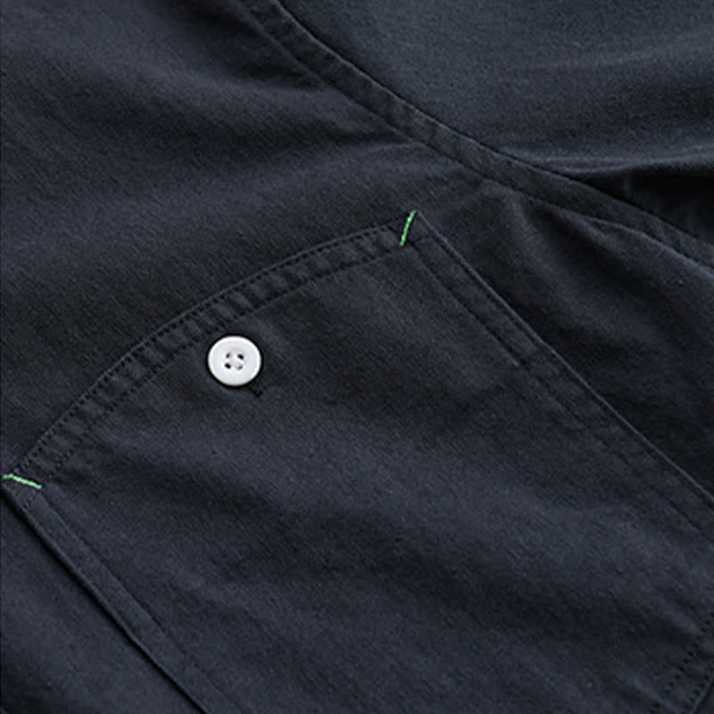 Buddha Stones無地ボタンダウン 装飾ポケット付き メンズ スタンドカラー 長袖 コットンシャツ - image 13