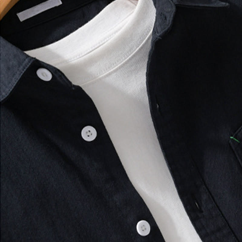 Buddha Stones無地ボタンダウン 装飾ポケット付き メンズ スタンドカラー 長袖 コットンシャツ - image 11