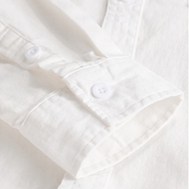 Buddha Stones無地ボタンダウン 装飾ポケット付き メンズ スタンドカラー 長袖 コットンシャツ - image 18