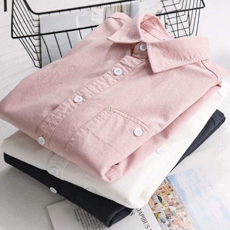 Buddha Stones無地ボタンダウン 装飾ポケット付き メンズ スタンドカラー 長袖 コットンシャツ - image 1