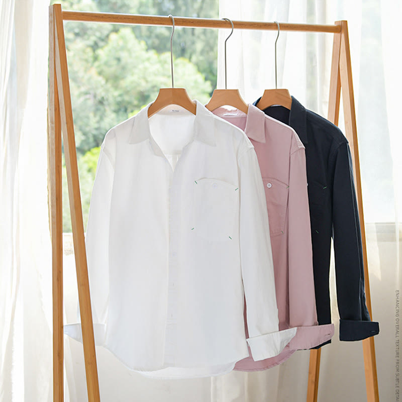 Buddha Stones無地ボタンダウン 装飾ポケット付き メンズ スタンドカラー 長袖 コットンシャツ - image 19