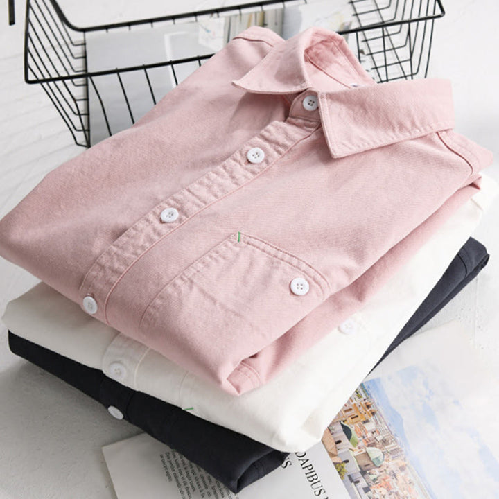 Buddha Stones無地ボタンダウン 装飾ポケット付き メンズ スタンドカラー 長袖 コットンシャツ - image 1