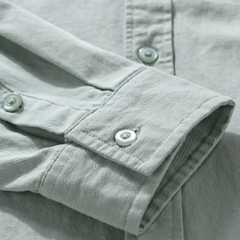 Buddha Stonesカジュアル 無地 ボタンダウン 装飾ポケット メンズ スタンドカラー 長袖 コットンシャツ - image 3