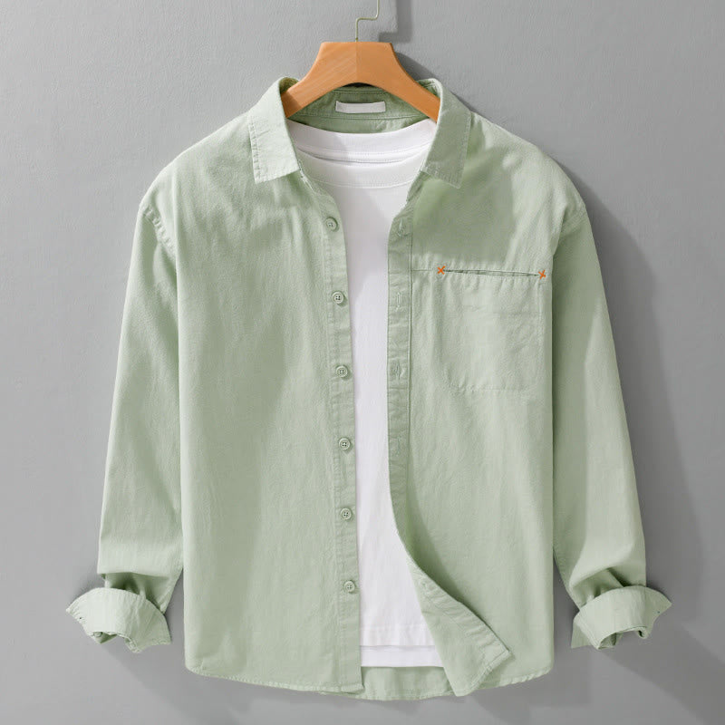 Buddha Stones春 無地 ボタンダウン 装飾ポケット メンズ スタンドカラー 長袖 コットンシャツ - ライトグリーン - US/UK/AU42、 EU52 (3XL) - image 4