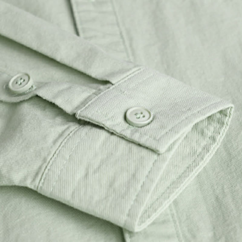 Buddha Stones春 無地 ボタンダウン 装飾ポケット メンズ スタンドカラー 長袖 コットンシャツ - image 8