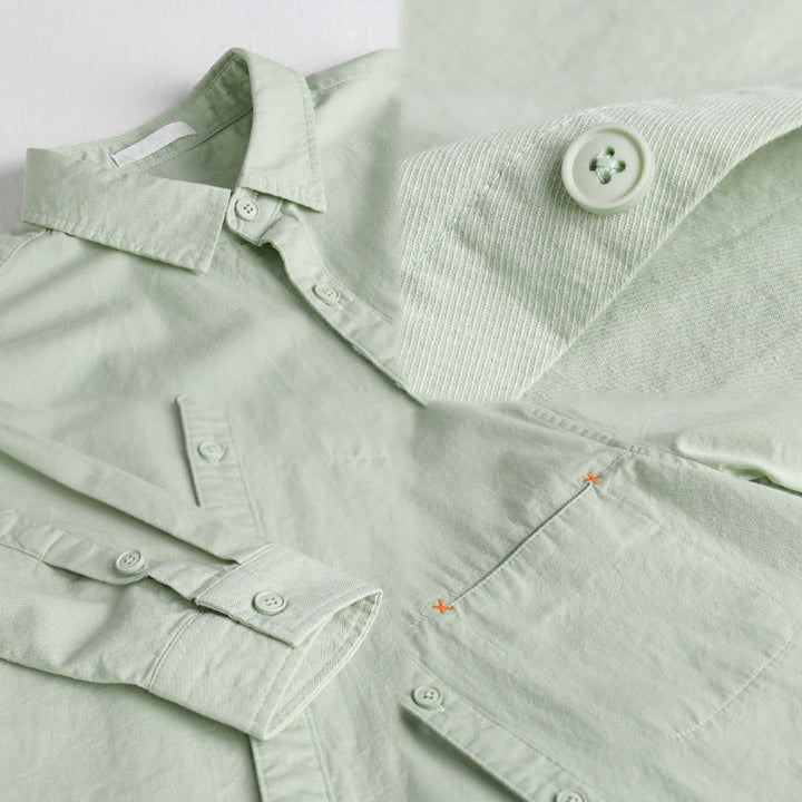 Buddha Stones春 無地 ボタンダウン 装飾ポケット メンズ スタンドカラー 長袖 コットンシャツ - image 10