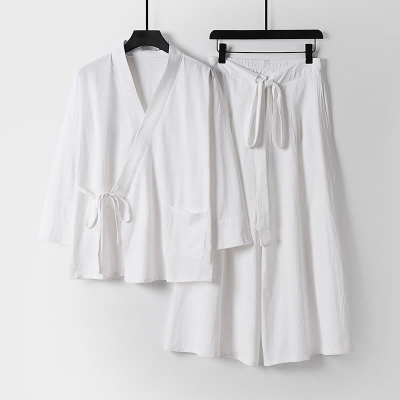 Buddha Stones 2点セット 秋 レースアップ コットン 着物 アンクル丈 ワイドレッグパンツ ポケット付き メンズ 瞑想用ウェア セット - 白 - US/UK/AU54、 EU64 (9XL) - image 17