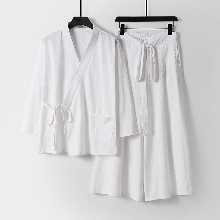 Buddha Stones 2点セット 秋 レースアップ コットン 着物 アンクル丈 ワイドレッグパンツ ポケット付き メンズ 瞑想用ウェア セット - 白 - US/UK/AU54、 EU64 (9XL) - image 17