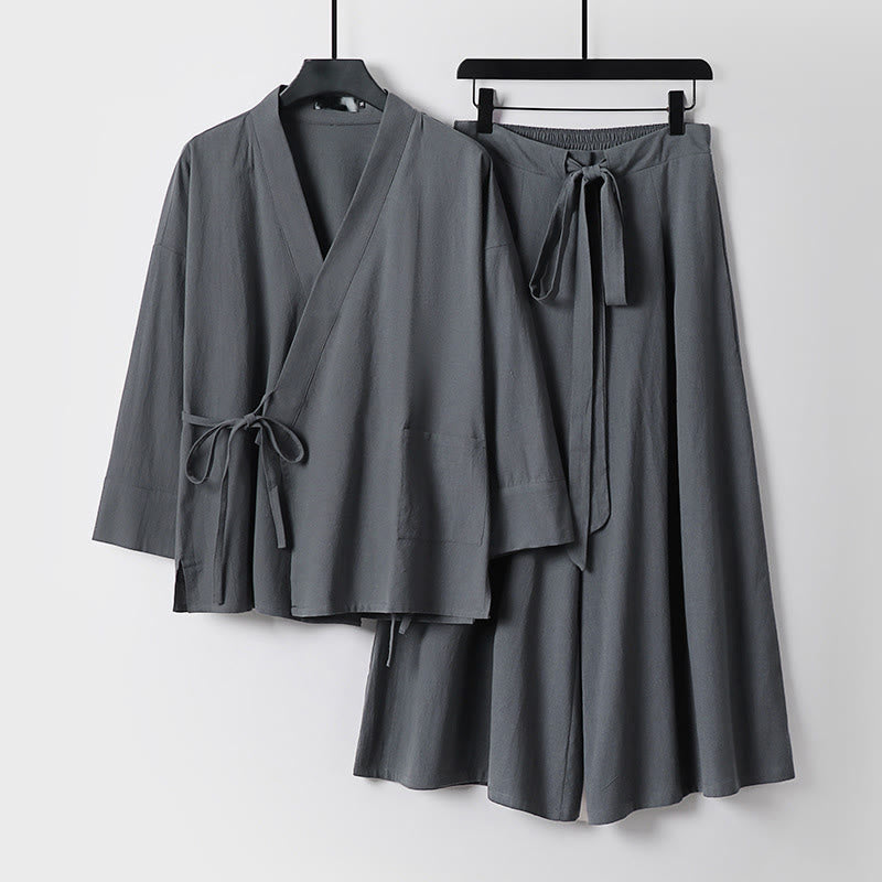 Buddha Stones 2点セット 秋 レースアップ コットン 着物 アンクル丈 ワイドレッグパンツ ポケット付き メンズ 瞑想用ウェア セット - グレー - US/UK/AU54、 EU64 (9XL) - image 0