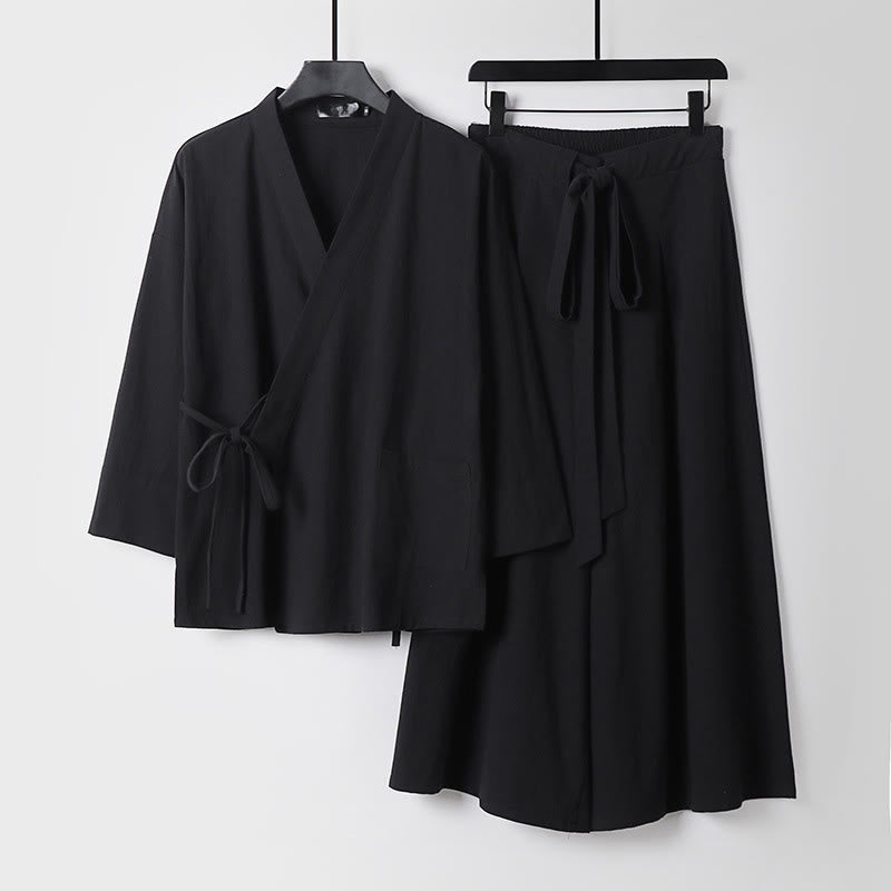 Buddha Stones 2点セット 秋 レースアップ コットン 着物 アンクル丈 ワイドレッグパンツ ポケット付き メンズ 瞑想用ウェア セット - 黒 - US/UK/AU54、 EU64 (9XL) - image 4