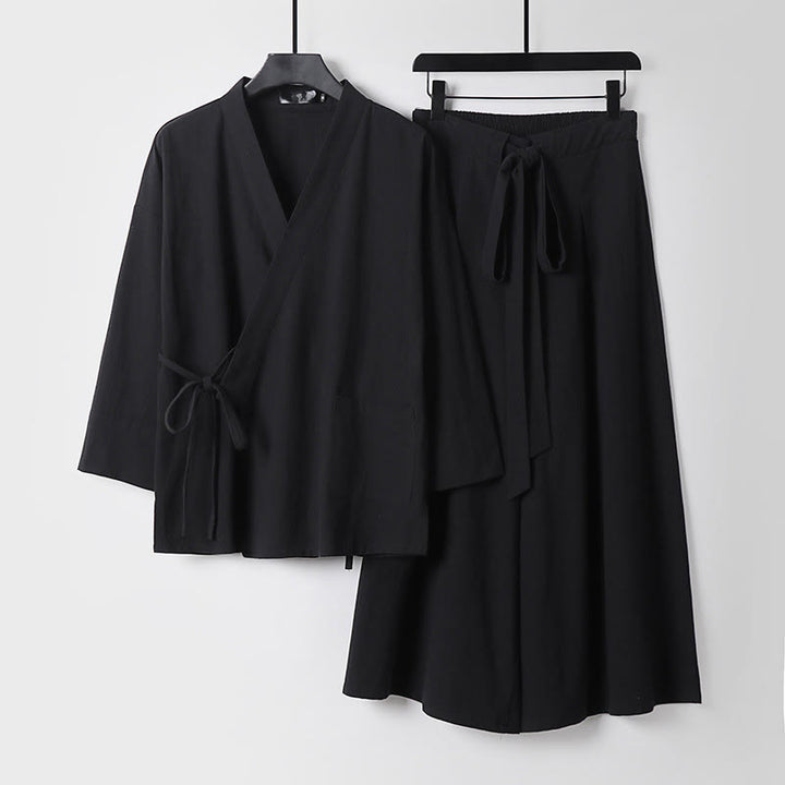 Buddha Stones 2点セット 秋 レースアップ コットン 着物 アンクル丈 ワイドレッグパンツ ポケット付き メンズ 瞑想用ウェア セット - 黒 - US/UK/AU54、 EU64 (9XL) - image 4