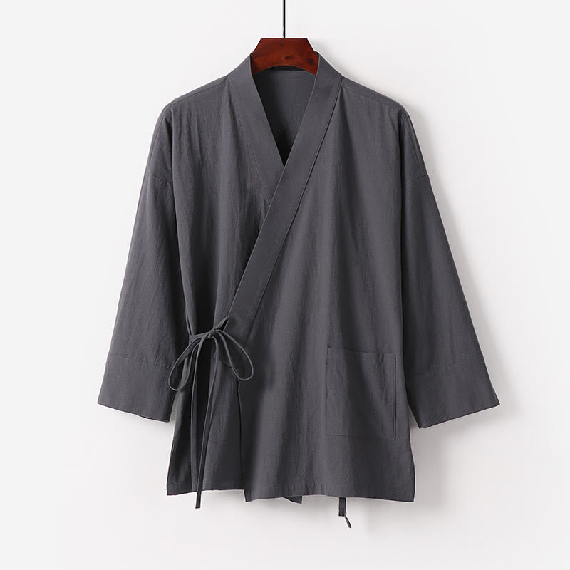 Buddha Stones 2点セット 秋 レースアップ コットン 着物 アンクル丈 ワイドレッグパンツ ポケット付き メンズ 瞑想用ウェア セット - image 2