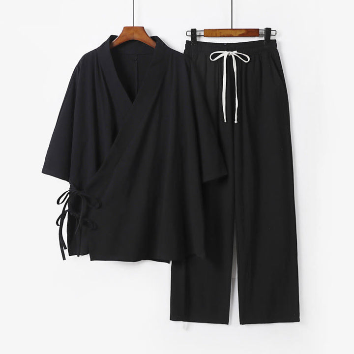 Buddha Stones 2点セット 秋 レースアップ 七分袖 コットン 着物 ドローストリングパンツ ポケット付き メンズ 瞑想用 布セット - 黒 - US/UK/AU54、 EU64 (9XL) - image 4