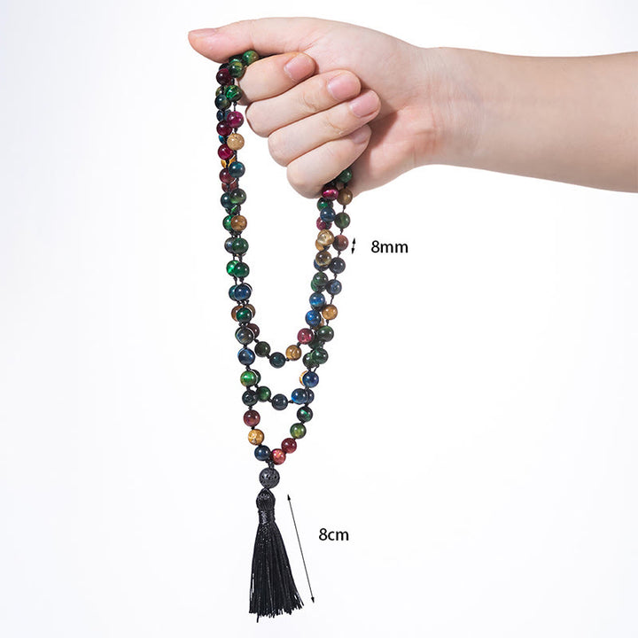 Buddha Stonesマルチカラー イエロータイガーアイ グリーンタイガーアイ ブルータイガーアイ レッドタイガーアイ ビーズタッセル 強さマーラー数珠 - image 4