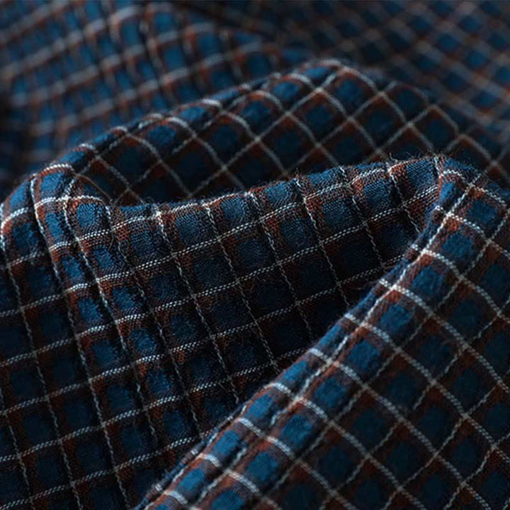 Buddha Stones秋 ブルー チェック柄 Vネック ボタンデザイン レディース コットン 長袖シャツ - image 10