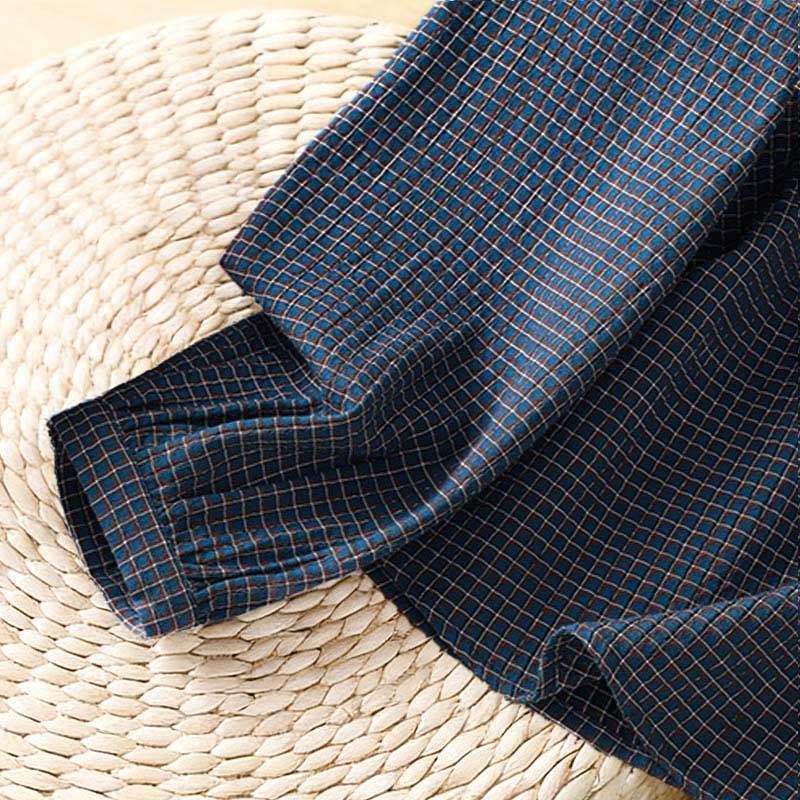 Buddha Stones秋 ブルー チェック柄 Vネック ボタンデザイン レディース コットン 長袖シャツ - image 6