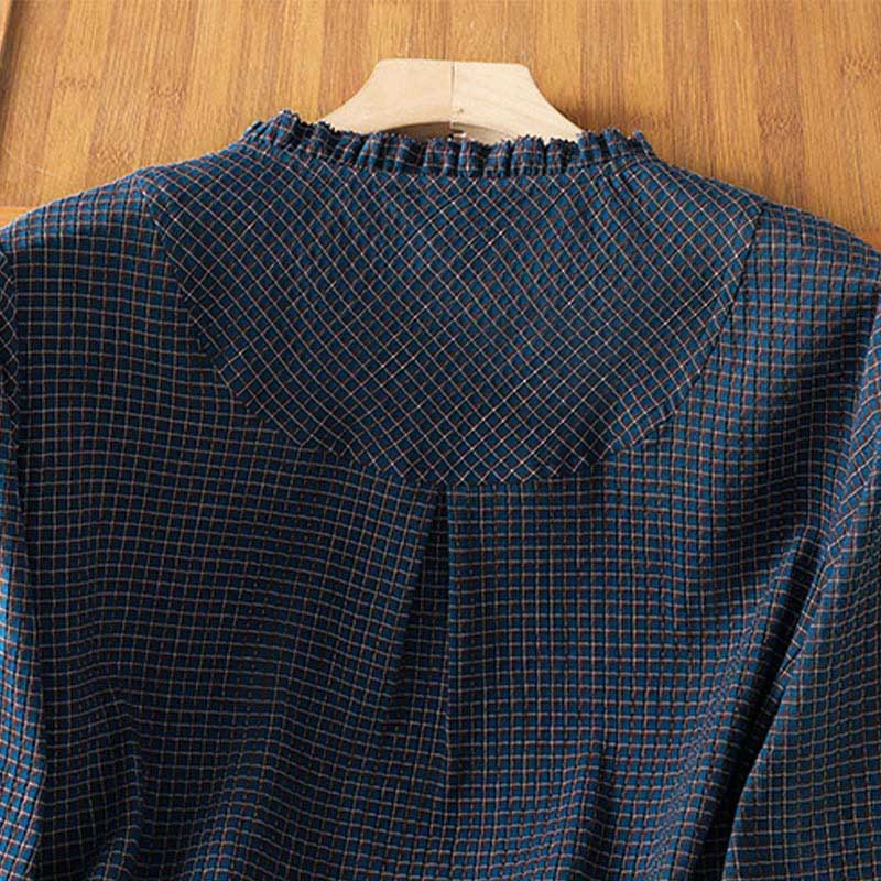 Buddha Stones秋 ブルー チェック柄 Vネック ボタンデザイン レディース コットン 長袖シャツ - image 4