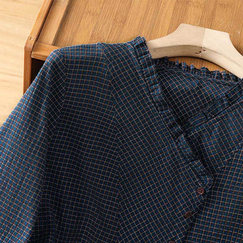 Buddha Stones秋 ブルー チェック柄 Vネック ボタンデザイン レディース コットン 長袖シャツ - image 3