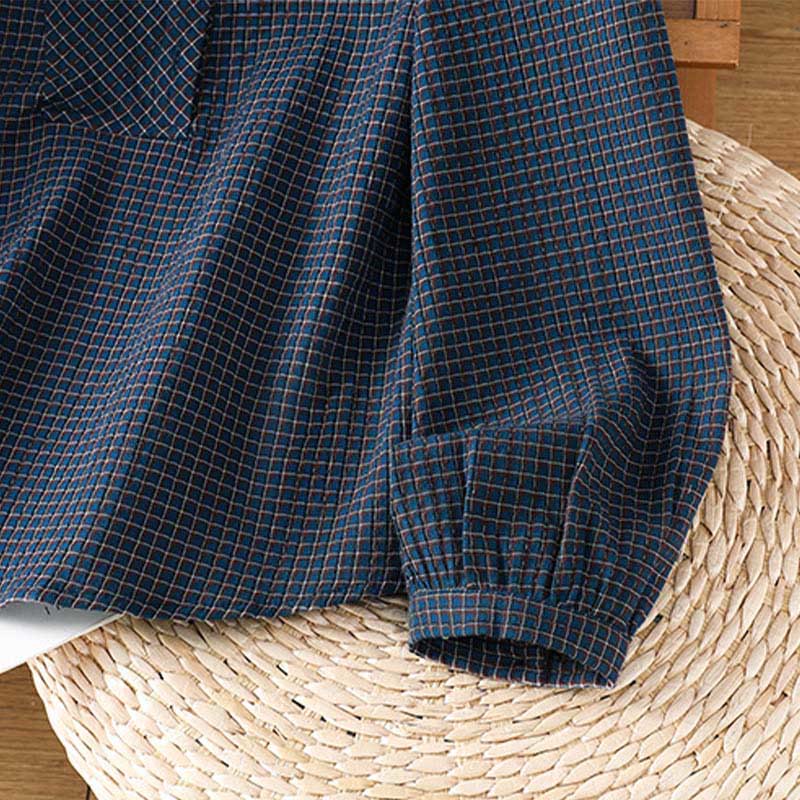 Buddha Stones秋 ブルー チェック柄 Vネック ボタンデザイン レディース コットン 長袖シャツ - image 8