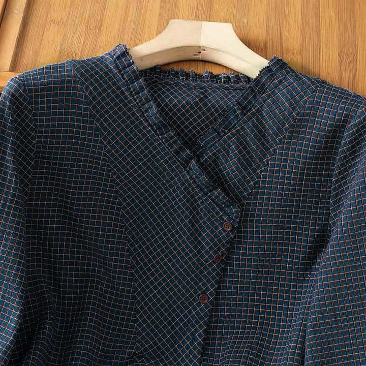 Buddha Stones秋 ブルー チェック柄 Vネック ボタンデザイン レディース コットン 長袖シャツ - image 5