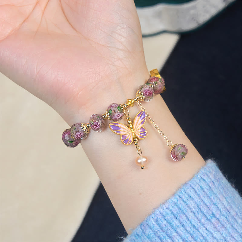 Buddha Stonesダブルバタフライチャームフラワー リューリガラスビーズラブブレスレット - image 5