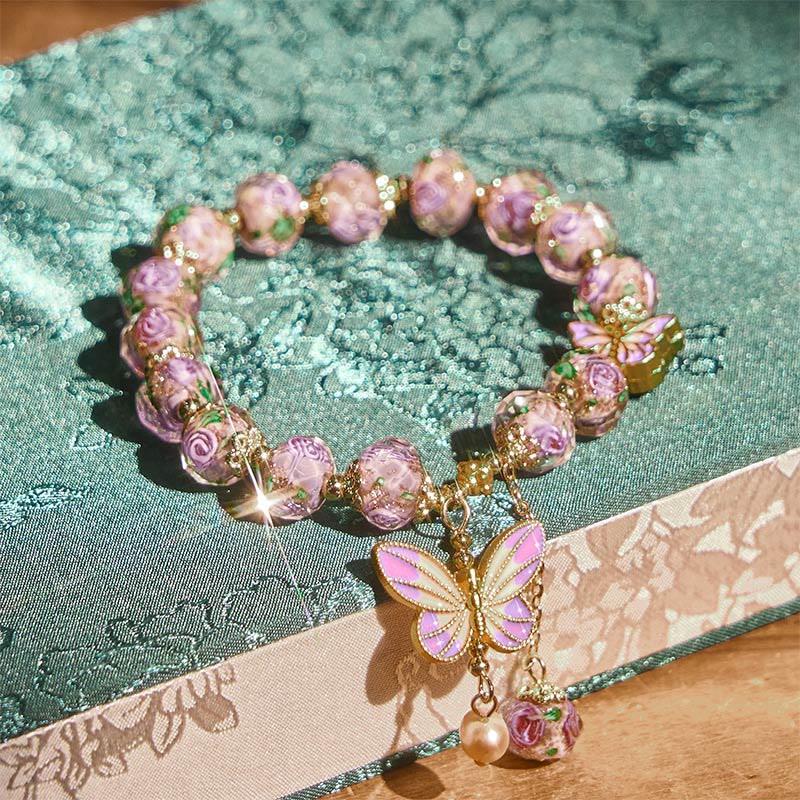 Buddha Stonesダブルバタフライチャームフラワー リューリガラスビーズラブブレスレット - image 3