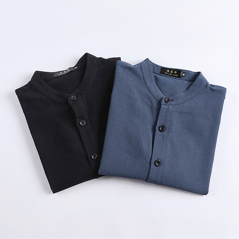 Buddha Stonesシンプル無地ハーフボタンメンズ長袖コットンシャツ - image 8