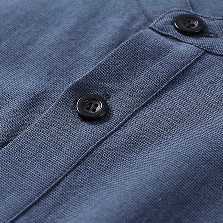 Buddha Stonesシンプル無地ハーフボタンメンズ長袖コットンシャツ - image 3