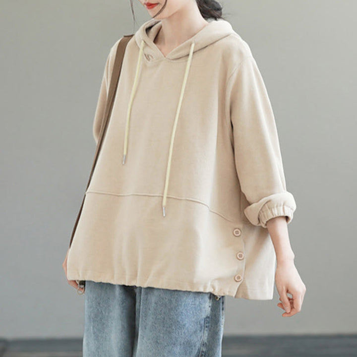 Buddha Stones秋冬 無地 サイドボタン コットン 長袖 レディース パーカー - image 1