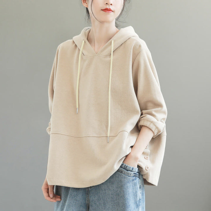 Buddha Stones秋冬 無地 サイドボタン コットン 長袖 レディース パーカー - ベージュ - US8-10，UK/AU12-14，EU40-42 (2XL) - image 0