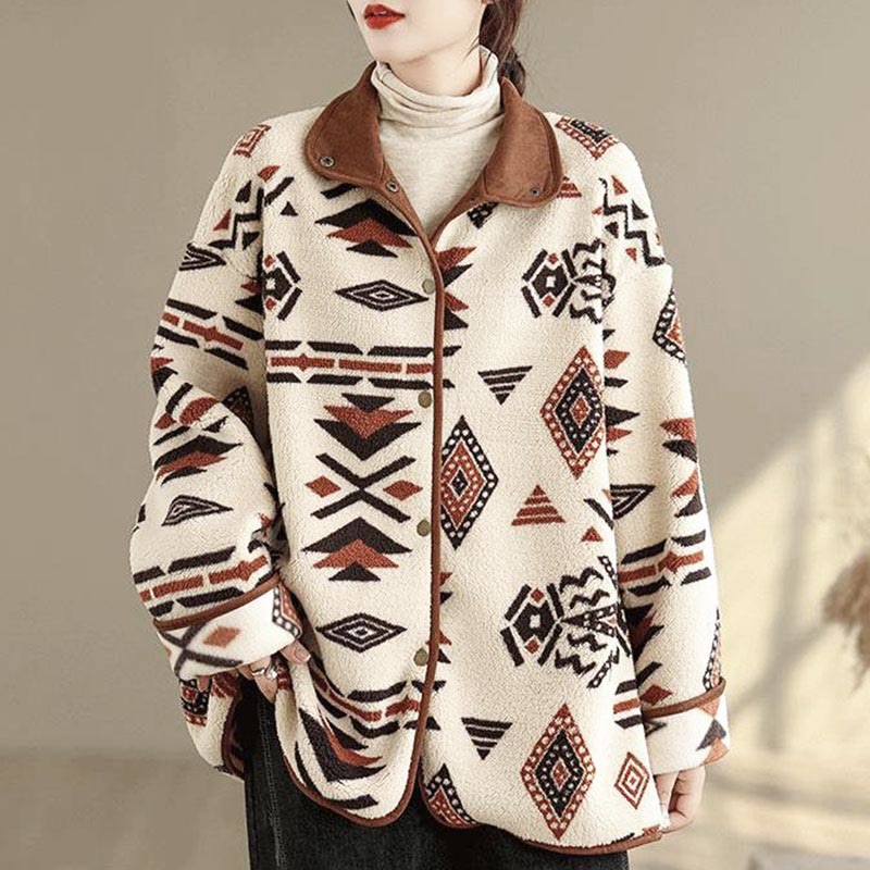 Buddha Stones秋冬 ボタン 幾何学模様 長袖 コットン レディース ジャケット  - フローラルホワイト - US12、 UK/AU16、 EU44 (3XL) - image 0