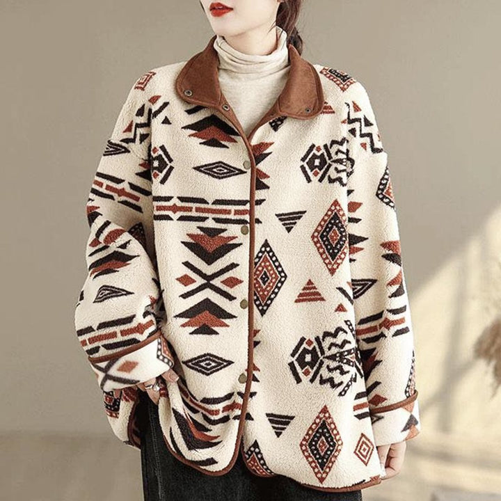 Buddha Stones秋冬 ボタン 幾何学模様 長袖 コットン レディース ジャケット  - フローラルホワイト - US12、 UK/AU16、 EU44 (3XL) - image 0