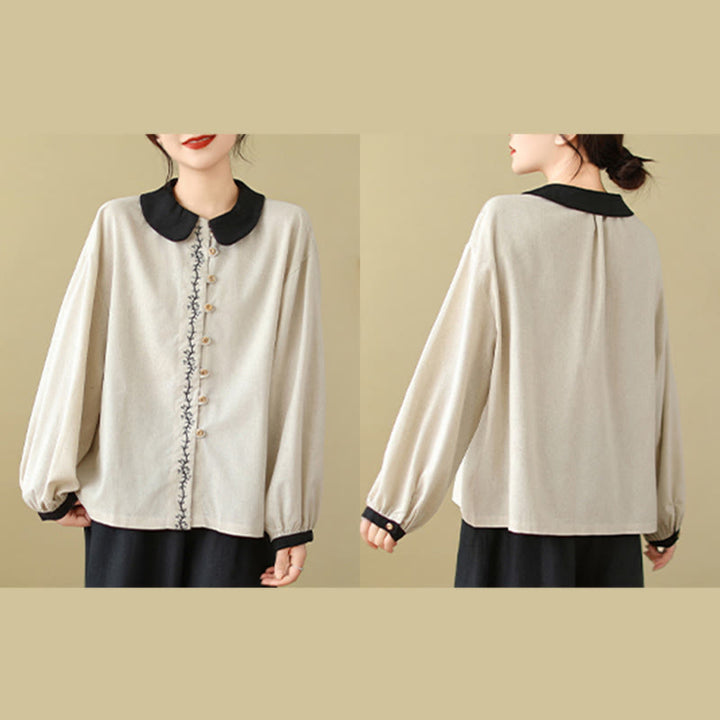 Buddha Stones春 刺繍 ボタン デザイン レディース コットン ピーターパンカラー 長袖シャツ - image 6