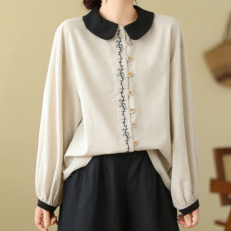 Buddha Stones春 刺繍 ボタン デザイン レディース コットン ピーターパンカラー 長袖シャツ - image 5