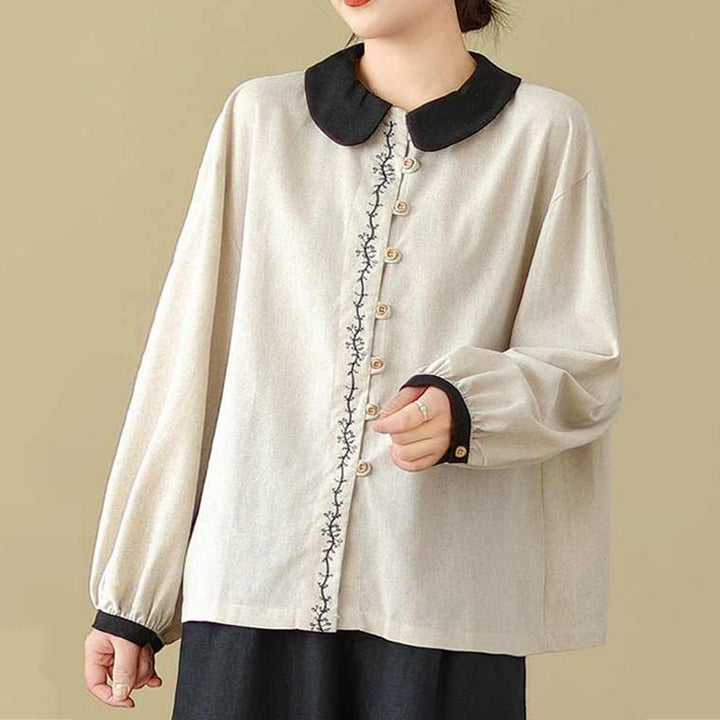 Buddha Stones春 刺繍 ボタン デザイン レディース コットン ピーターパンカラー 長袖シャツ - image 3