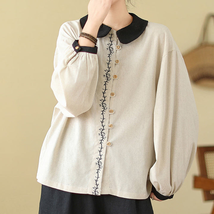 Buddha Stones春 刺繍 ボタン デザイン レディース コットン ピーターパンカラー 長袖シャツ - image 1