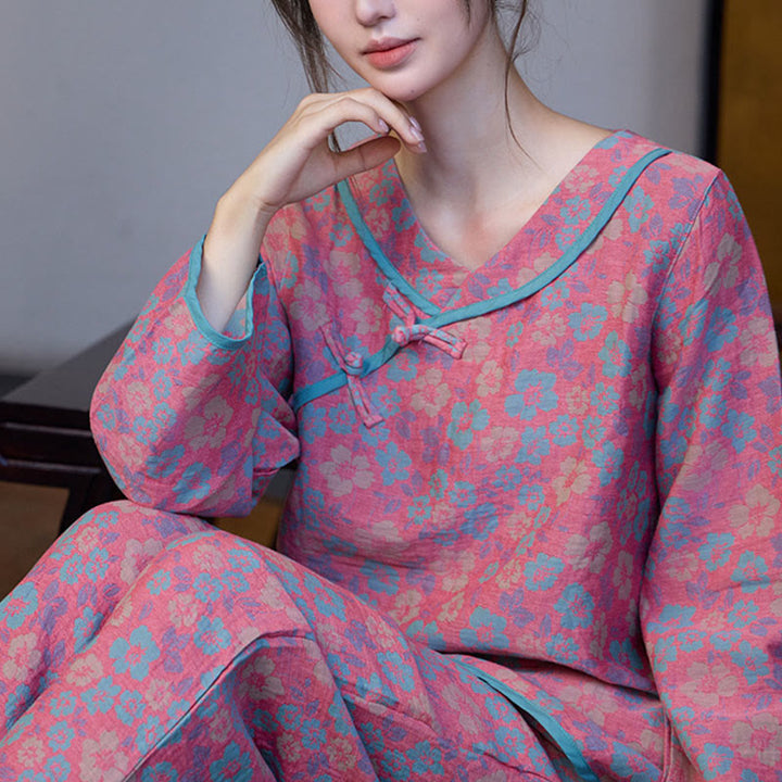 Buddha Stonesカエルボタン 長袖 ラウンドネック シャツ パンツ コットン パジャマセット 2点セット  - image 3