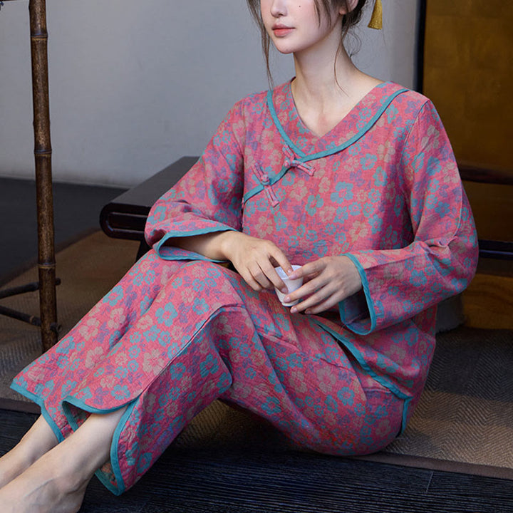 Buddha Stonesカエルボタン 長袖 ラウンドネック シャツ パンツ コットン パジャマセット 2点セット  - image 5