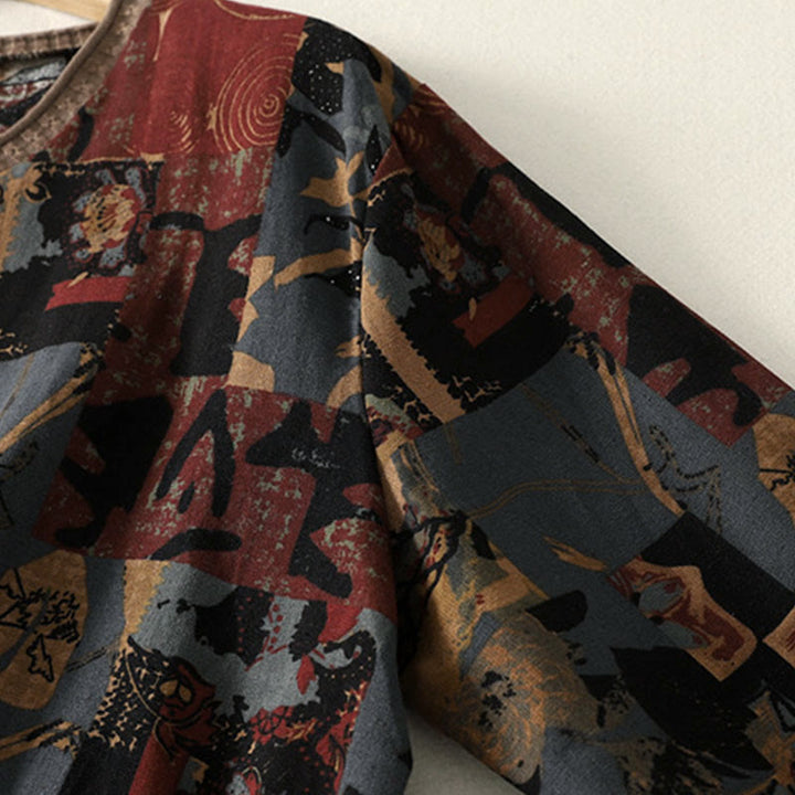 Buddha Stones秋 幾何学模様 パッチワーク Vネック レディース 長袖Tシャツ ポケット付き - image 4