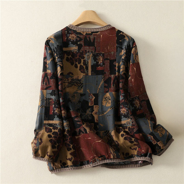 Buddha Stones秋 幾何学模様 パッチワーク Vネック レディース 長袖Tシャツ ポケット付き - image 1