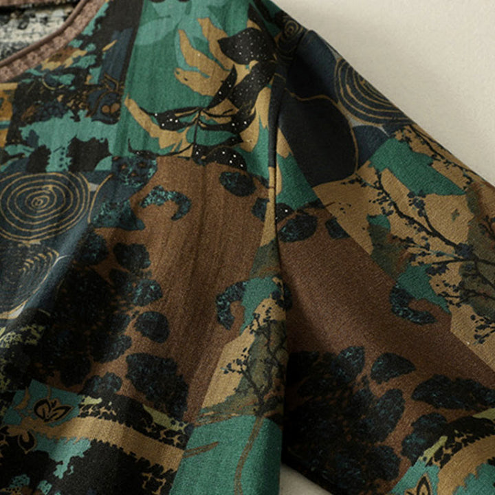 Buddha Stones秋 幾何学模様 パッチワーク Vネック レディース 長袖Tシャツ ポケット付き - image 12