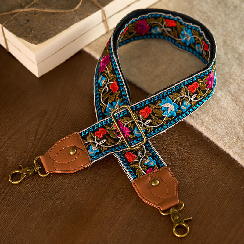 Buddha Stonesボヘミアンフラワーつる幾何学模様刺繍調節可能なハンドバッグクロスボディショルダーバッグ財布ストラップ交換用 - ブラックブルー - 75～135cm×5cm - image 0