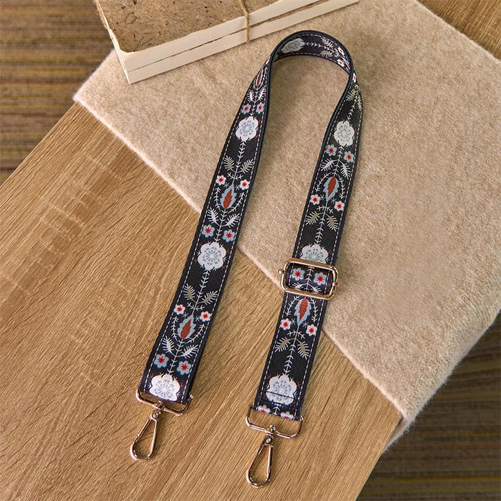 Buddha Stones、ボヘミアン、花、葉、幾何学模様、ジャカード織り、調節可能なハンドバッグ、クロスボディ、ショルダーバッグ、ストラップ交換用 - 黒 - 70～135cm×3.8cm - image 0