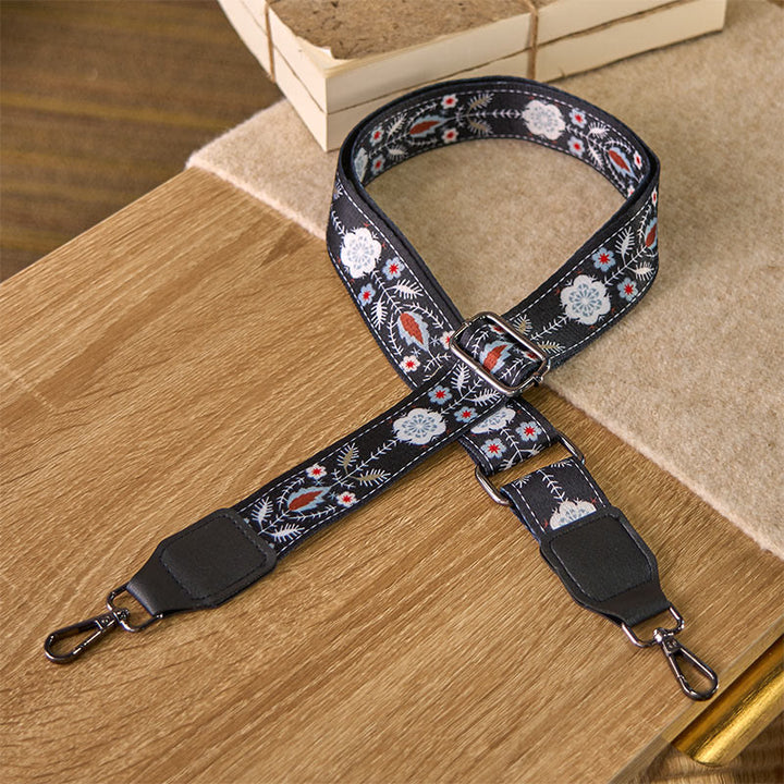 Buddha Stonesボヘミアン ブラックフラワー 幾何学模様 調節可能 ハンドバッグ クロスボディ ショルダーバッグ ストラップ 交換用 - ブラックフラワー - 75～145cm×3.8cm - image 0