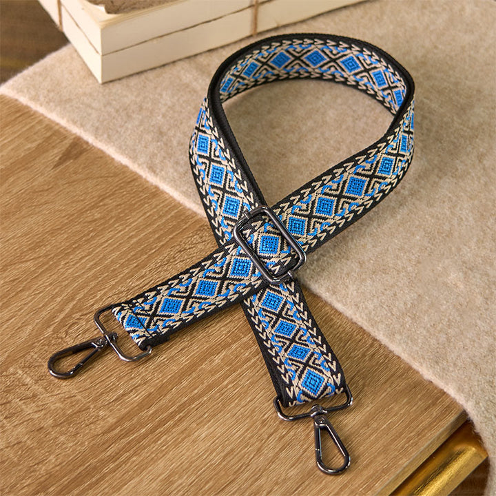 Buddha Stonesボヘミアン ダイヤモンド ロンバス ストライプ 幾何学模様 調節可能 ハンドバッグ クロスボディ ショルダーバッグ ストラップ 交換用 - 青 - 75～145cm×3.8cm - image 0