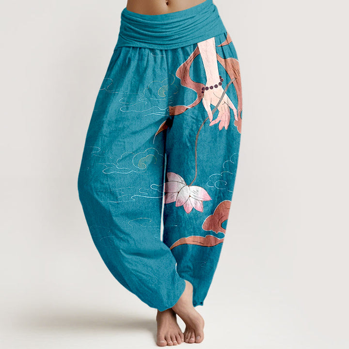 Buddha Stones純綿 蓮の花 流れるリボン 手持ち数珠 雲模様 レディース 伸縮性ウエスト ハーレムパンツ - ディープスカイブルー - US16、 UK/AU20、 EU48 (3XL) - image 5